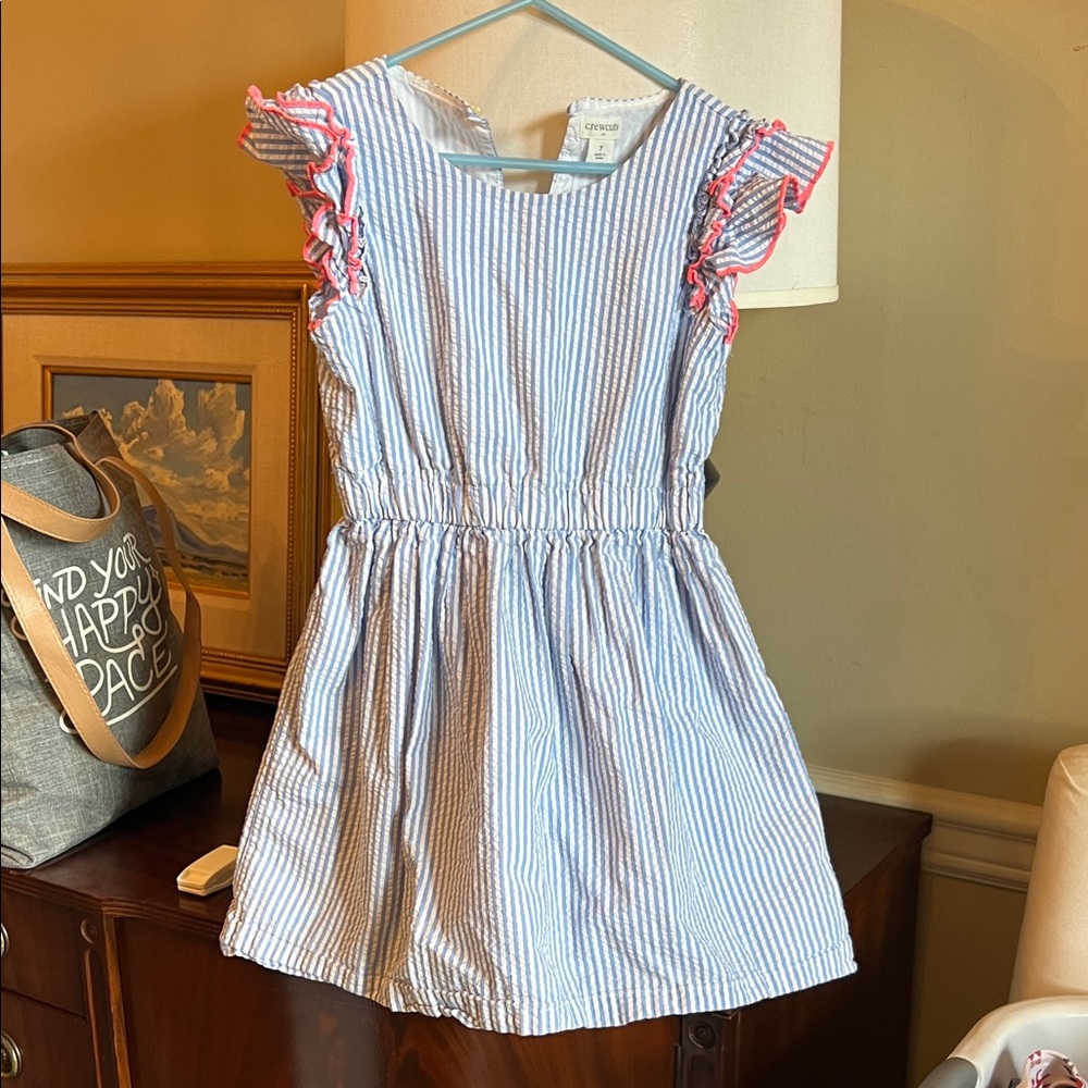 Crewcuts Blue and White Striped Dress with Pink Ruffle